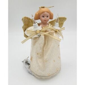 Vintage Blonde Angel Christmas ornament‎ Porcelain Head and Lights gold stars